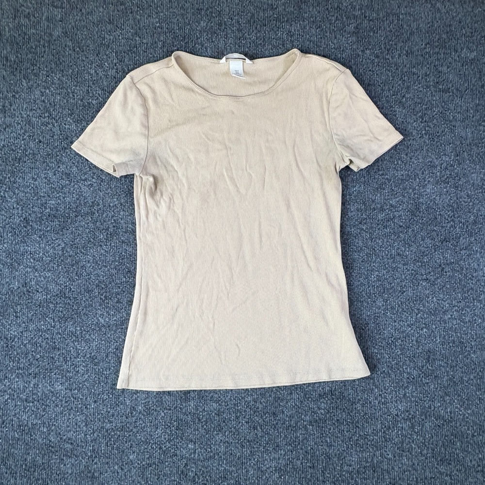 H&M Ribbed T Shirt Womens Medium Beige Cotton Stretch‎ Regular Fit Round Neck